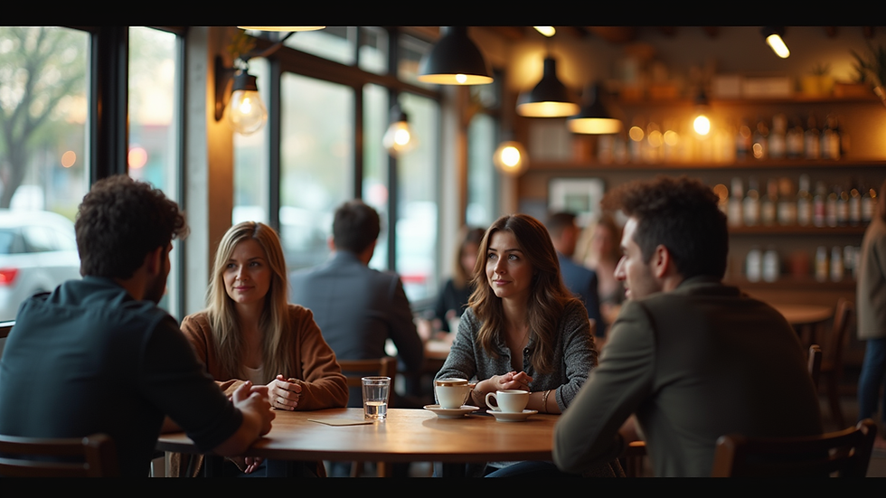 Eye-level view of a cozy coffee shop with people engaged in conversation