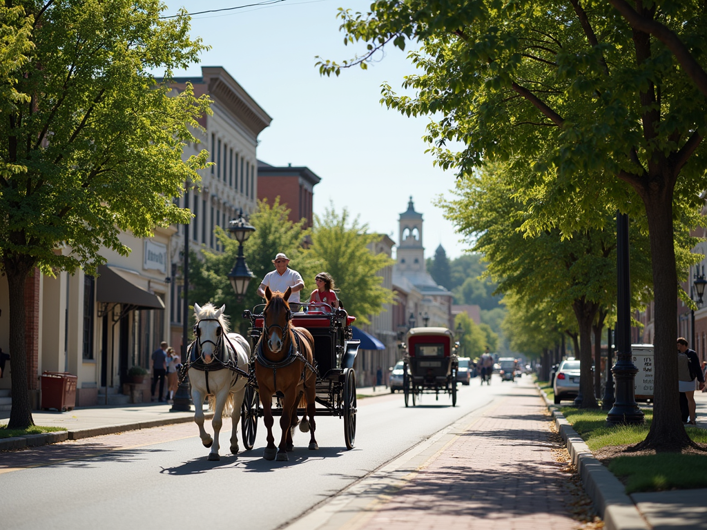 A horse-drawn carriage gracefully tours a historic street in Fredericksburg, with charming