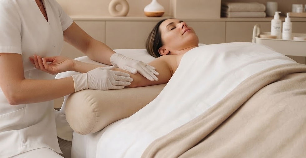 Silvia Burton wearing gloves performing clinical Manual Lymphatic Drainage in Kansas City