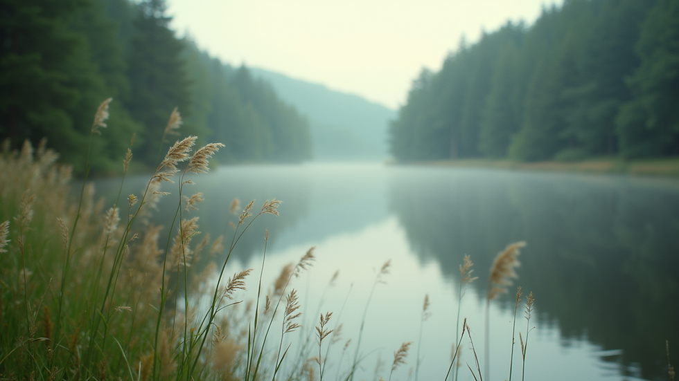 Close-up view of a serene nature scene with a calm lake