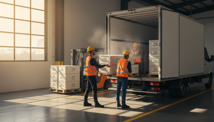 Eye-level view of workers loading sealed chilled food cartons into a refrigerated van.