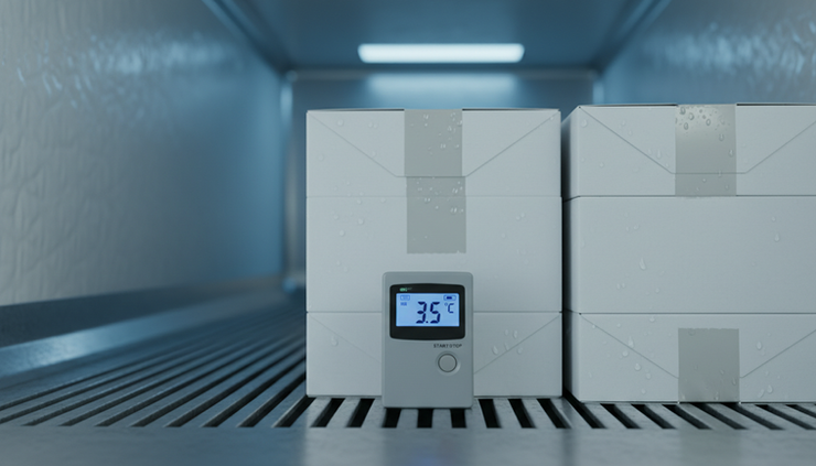Close-up of a temperature data logger placed beside sealed cold chain cartons