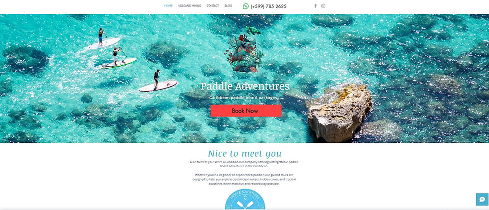 Two people paddle boarding on clear turquoise Caribbean waters under a sunny sky, showcasing a tropical adventure experience. Website designed by Irene’s Webdesign.