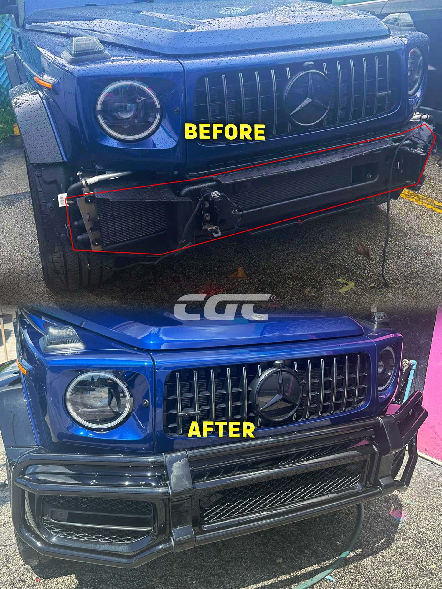 Collision repair result before and after at Car Geeks Collision