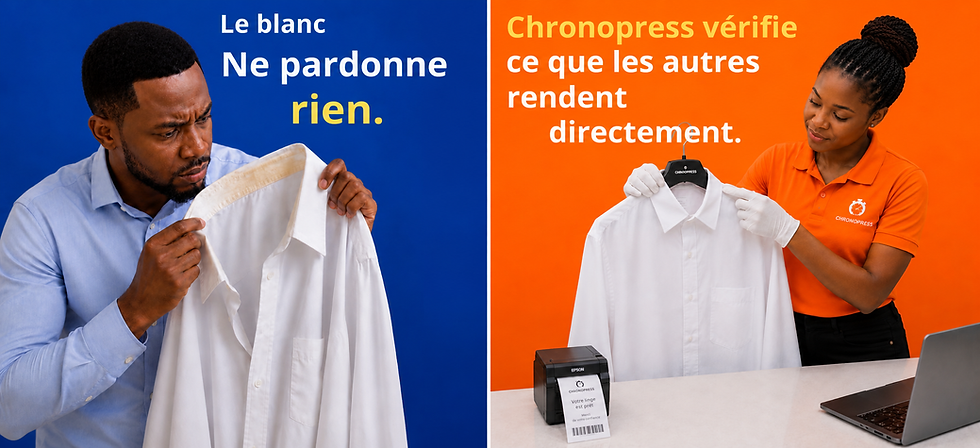 Comparaison entre un client observant une chemise blanche jaunissante et une employée Chronopress contrôlant un linge blanc dans un pressing à Ouagadougou