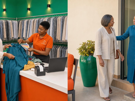 À gauche, une cliente et une employée comparent la teinte bleu pétrole d’une robe avec un nuancier au pressing Chronopress à Ouagadougou. À droite, la cliente porte la même robe bleu pétrole en accueillant une proche sur sa terrasse.