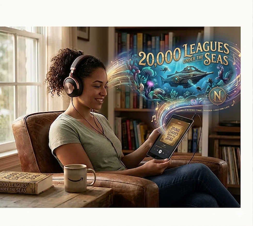 Woman enjoying Amazon family digital travel with an audiobook.