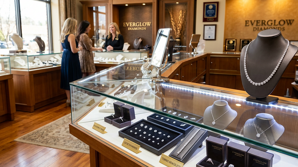 Eye-level view of a cozy jewelry store interior with diamond displays