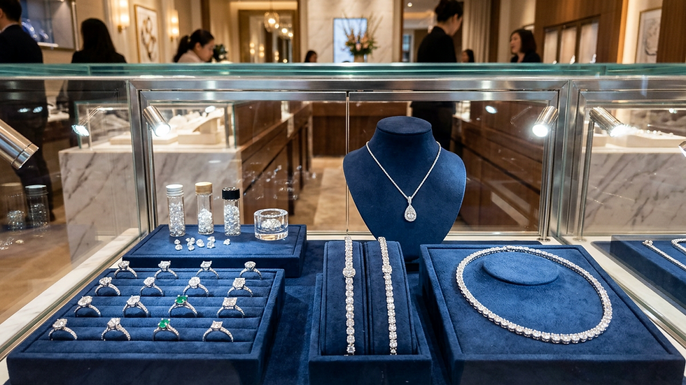 Eye-level view of diamond display case in a jewelry store