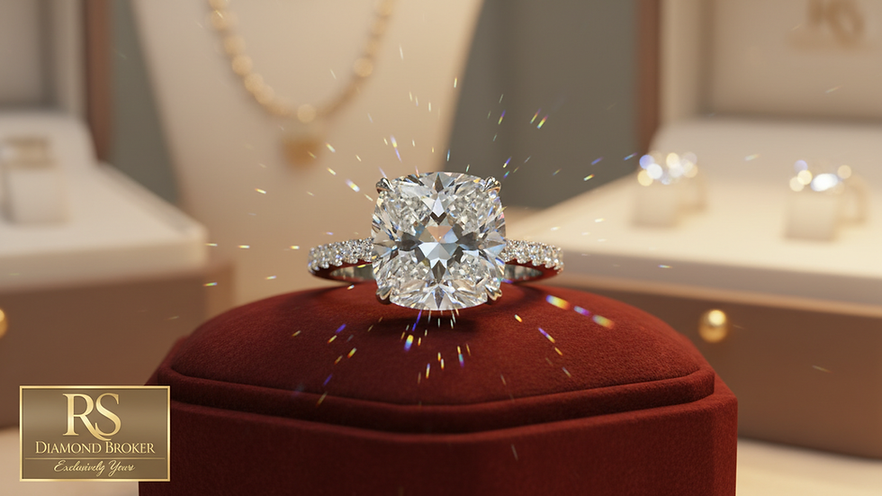 Eye-level view of a sparkling diamond ring on a velvet cushion