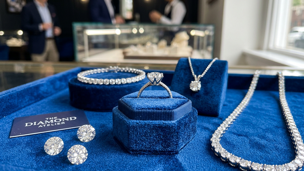 Eye-level view of elegant diamond engagement ring on velvet cushion