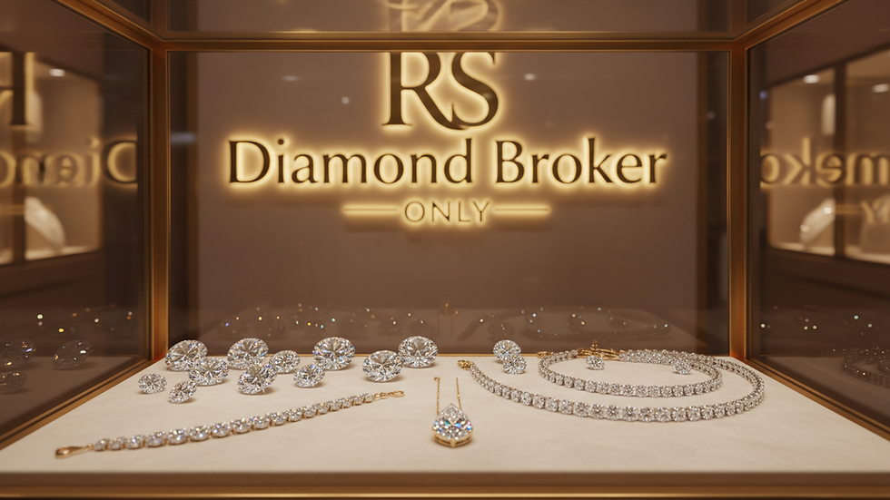 Eye-level view of a diamond display case filled with various loose diamonds
