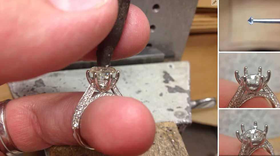 Eye-level view of a jeweler’s workbench with diamond ring tools