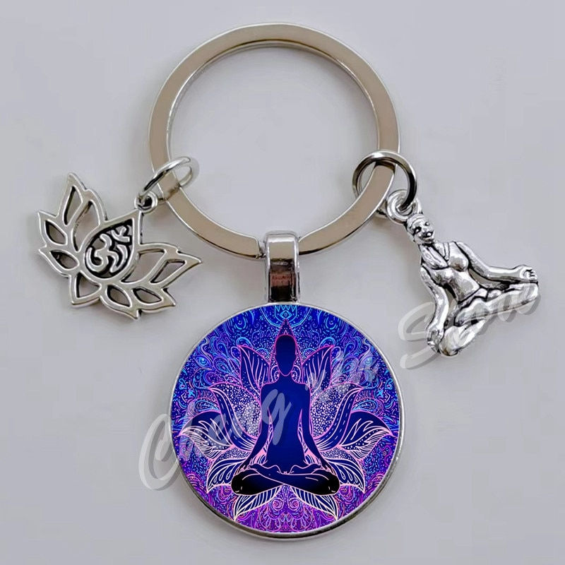 Thumbnail: 7 Chakra Mandala Yoga Glass Cabochon Keychain Ornament Indian Buddha Meditation