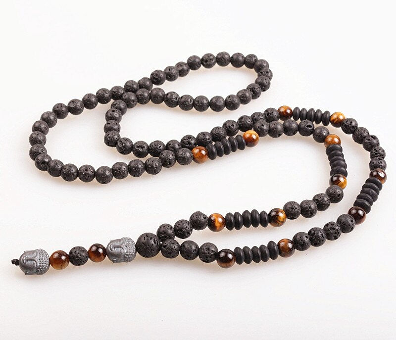 Thumbnail: Hematite Lava Stones Bead Buddha Necklace Black 6mm