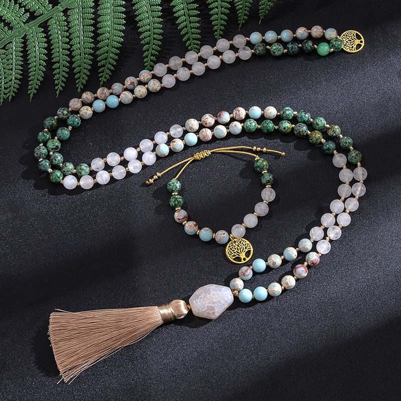 White Jade African Turquoise Emperor Jasper Beads 8mm Mala 108 Bracelet Set Yoga