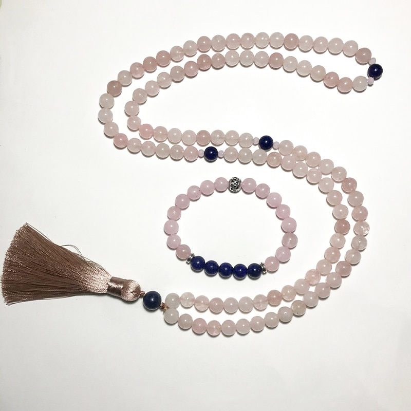 Thumbnail: Rose Quartz Lapis Lazuli 8mm 108 Beads Mala Bracelet Set Yoga Meditation