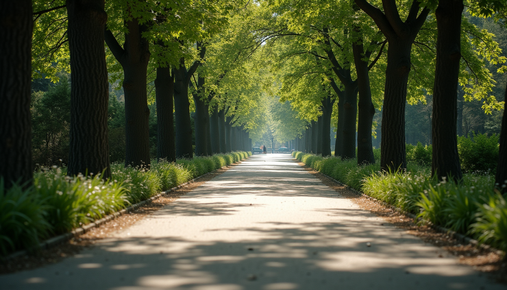 Eye-level view of a quiet urban park pathway with shadows cast by trees