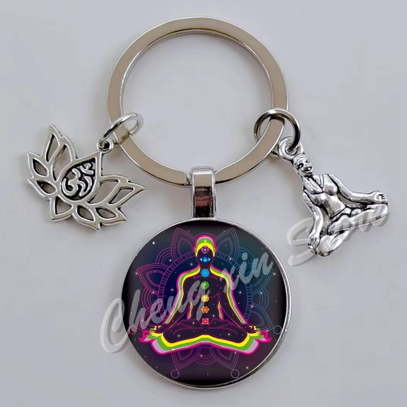 Thumbnail: 7 Chakra Mandala Yoga Glass Cabochon Keychain Ornament Indian Buddha Meditation