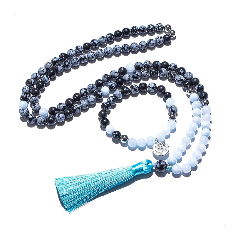 Thumbnail: Natural Stone Beads Snowflake Obsidian Aguamarina 108 Mala Meditation Yoga