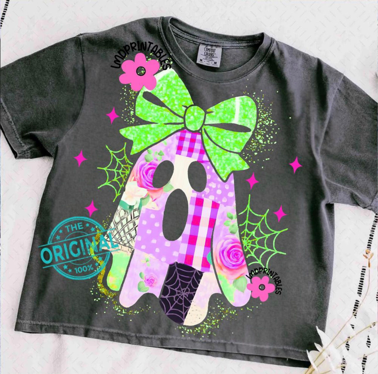 Patchwork Ghost Neon Bow Comfort Colors 