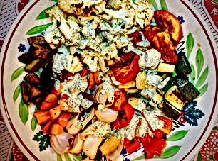 Mixed roasted vegetables with yoghurt and green chilli oil 