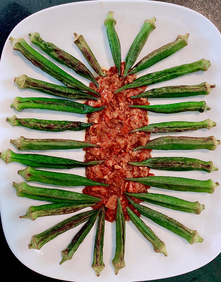 Burmese grilled okra with tomato shrimp relish