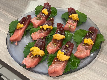 Tuna sashimi with uni and shiso leaf