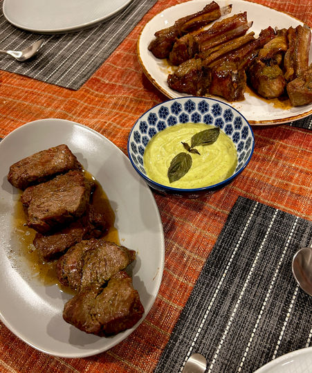 Thai charred chilli-rubbed meat skewers with Thai basil dipping sauce