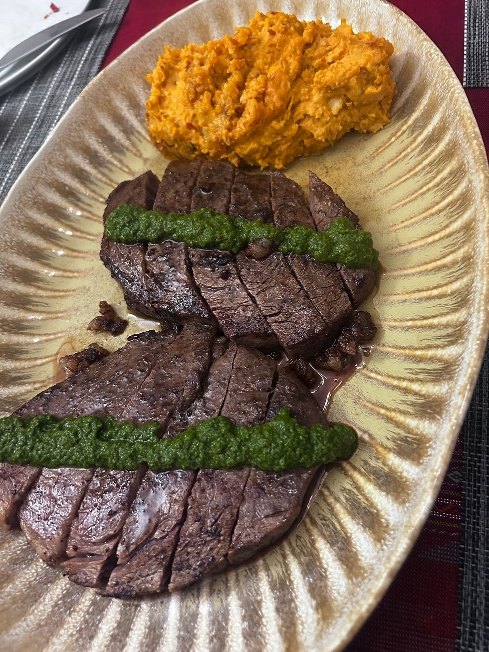 Steak with harissa mash and Middle Eastern chimichurri