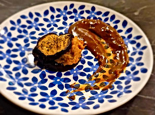 Grilled eggplant and potato stacks with jaggery-peanut sauce (Tawa baingan)