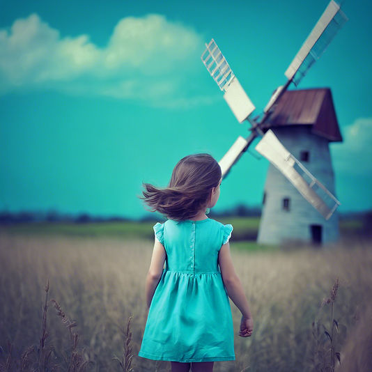 little girl facing to the right blowing a windmill with a teal background.jpg