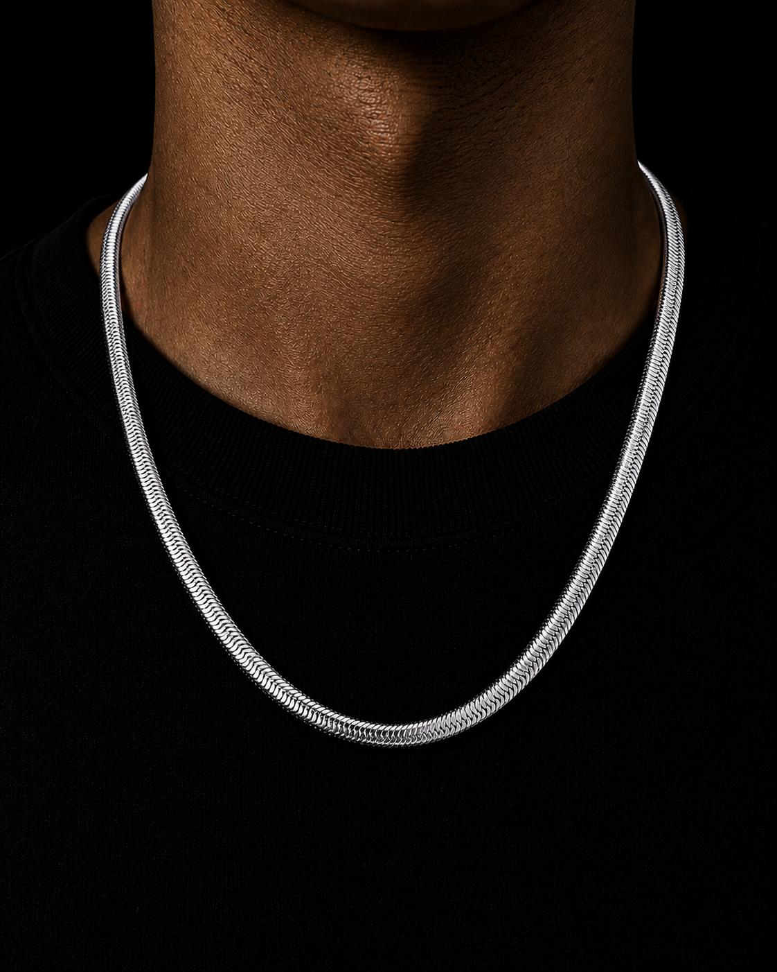 Herringbone flat snake chain in platinum, worn