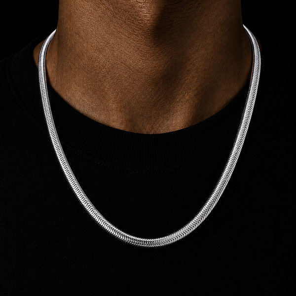Herringbone flat snake chain in platinum, worn