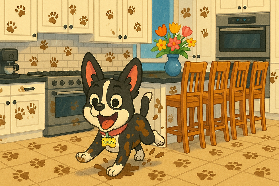 Sundae gets muddy paw prints all over the kitchen.