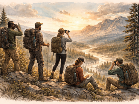 Hikers overlooking a valley