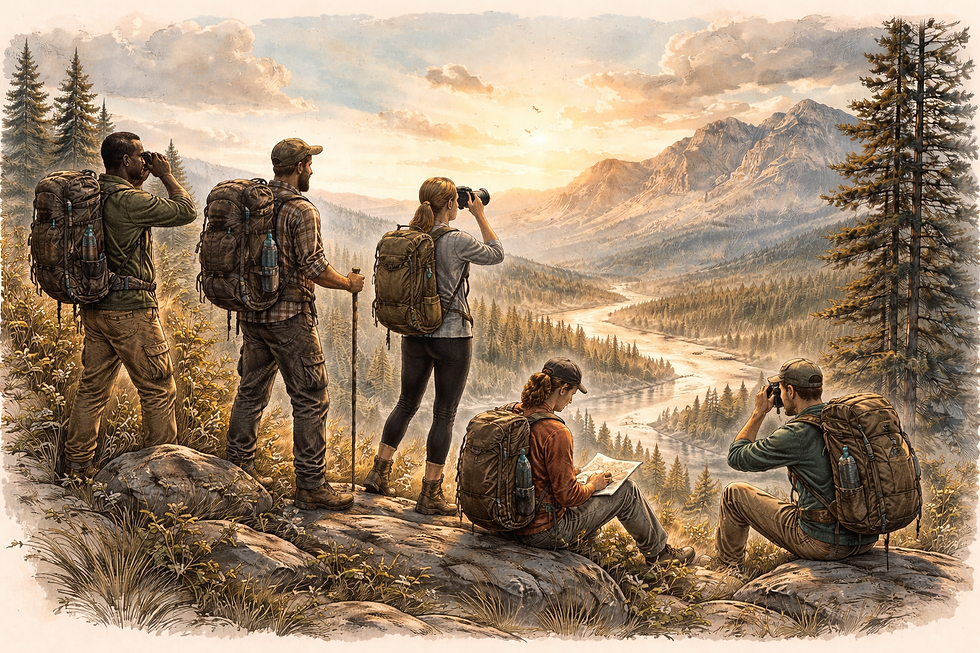 Hikers overlooking a valley