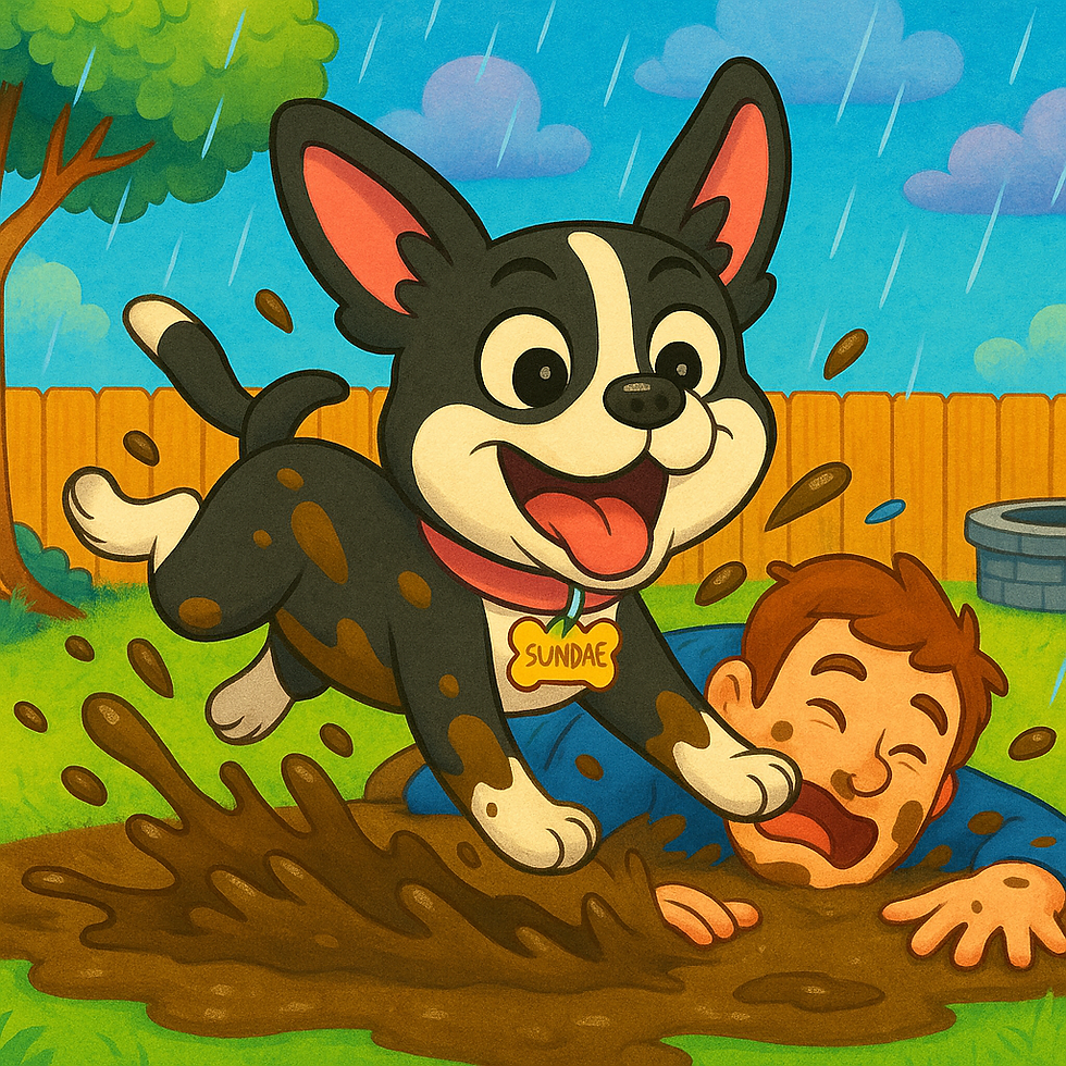 Sundae knocks her owner into the mud puddle