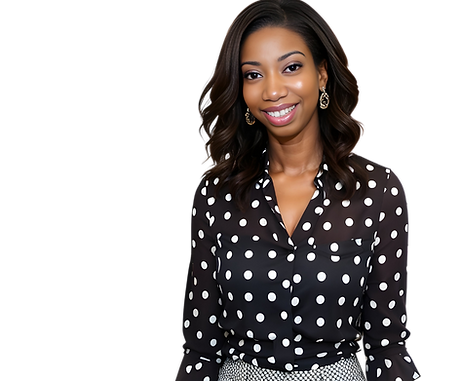 Smiling Shapera in Black polka dot skirt.