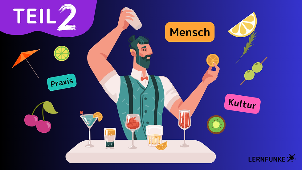Ein Barkeeper, dier die Wörter Mensch, Praxis und Kultur zu einem Cocktail mischt.