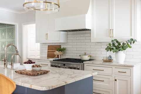 Custom luxury kitchen designs, white cabinets with blue island, custom luxury kitchen Columbia SC