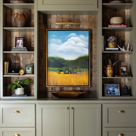 Hunting lodge located in Blackstock, SC, luxury hunting cabin. Living room with green cabinets