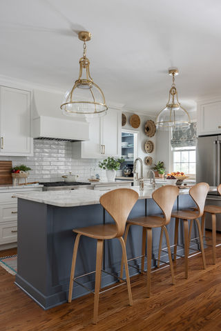 Custom luxury kitchen designs, white cabinets with blue island, custom luxury kitchen Columbia SC