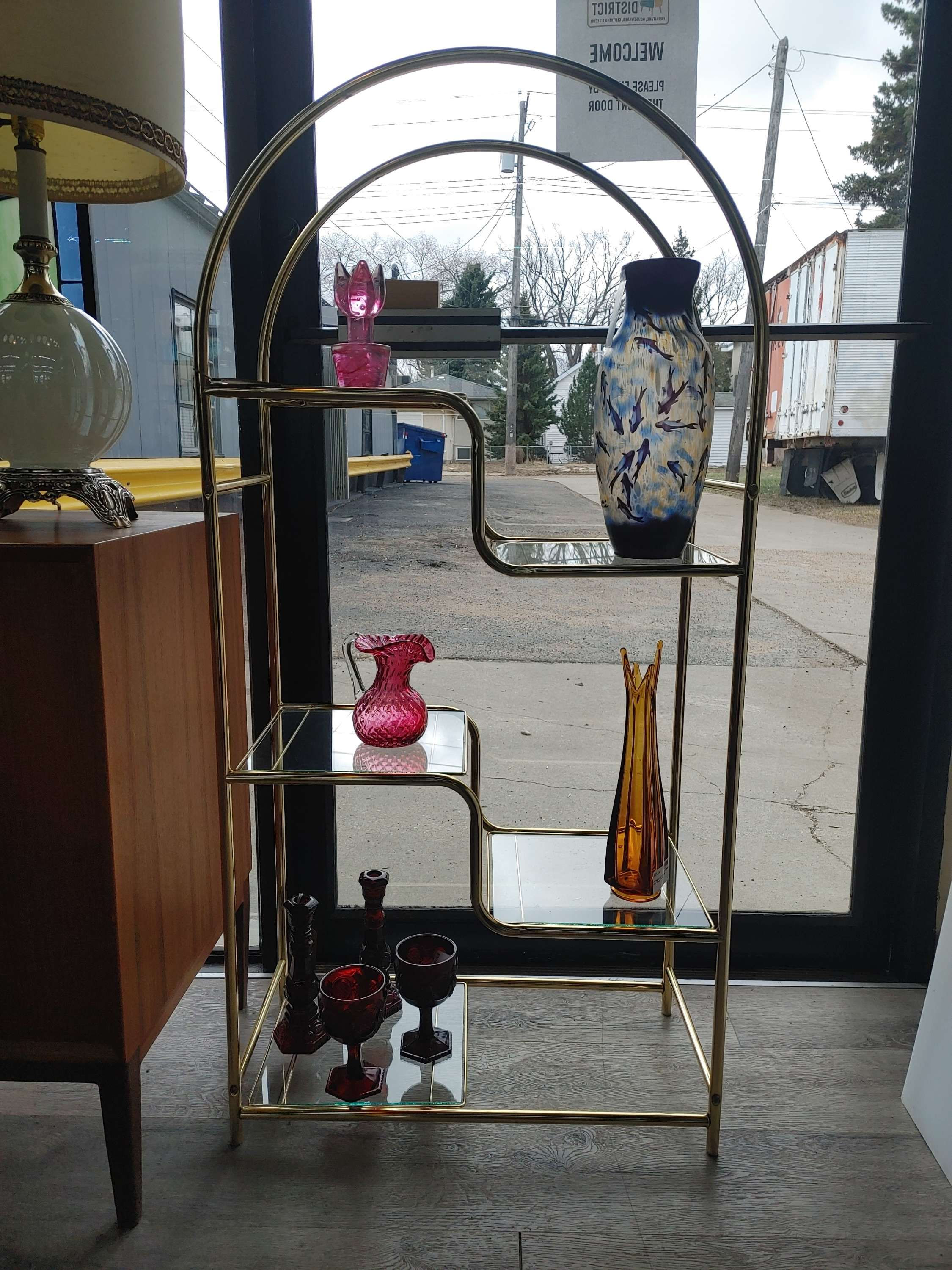 Curved 5 Tier Brass & Glass Shelf