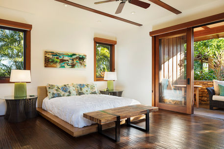 Japanese inspired modern guest house bedroom at Hualalai vacation rental home with ocean view
