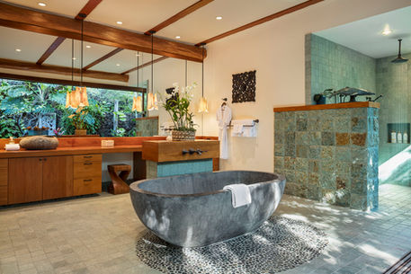 Japanese inspired primary bathroom and tub at Hualalai vacation rental home with ocean view