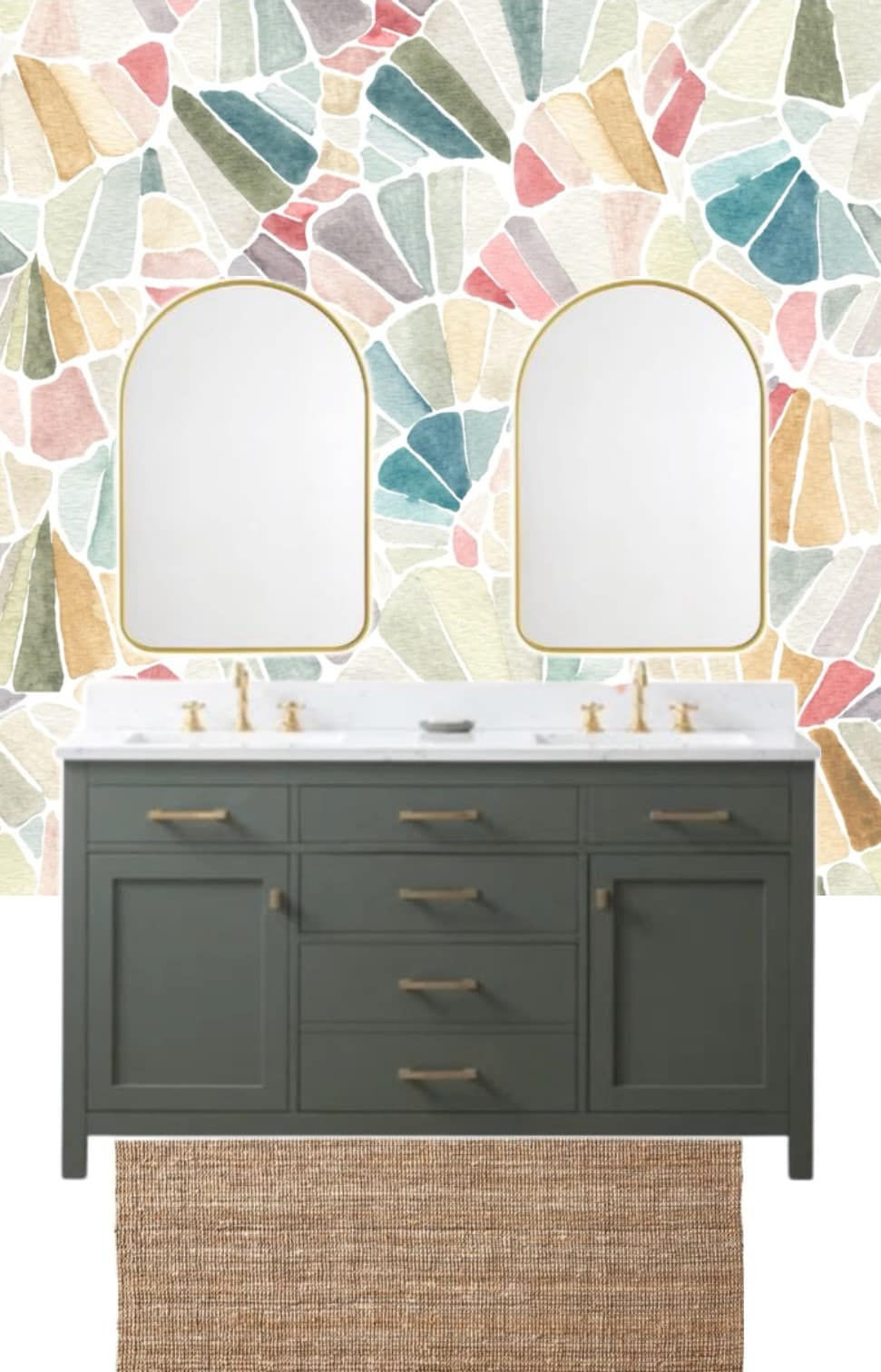 Fun Shared Bathroom with "The Allie Hunter Collection - Mosaic Watercolour" Wallpaper by Sabina Maria Design. 