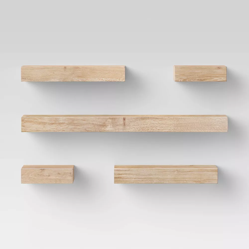 Set of 5 Wall Shelf Natural - Threshold™: Modern MDF Floating Shelving, Includes Mounting Hardware