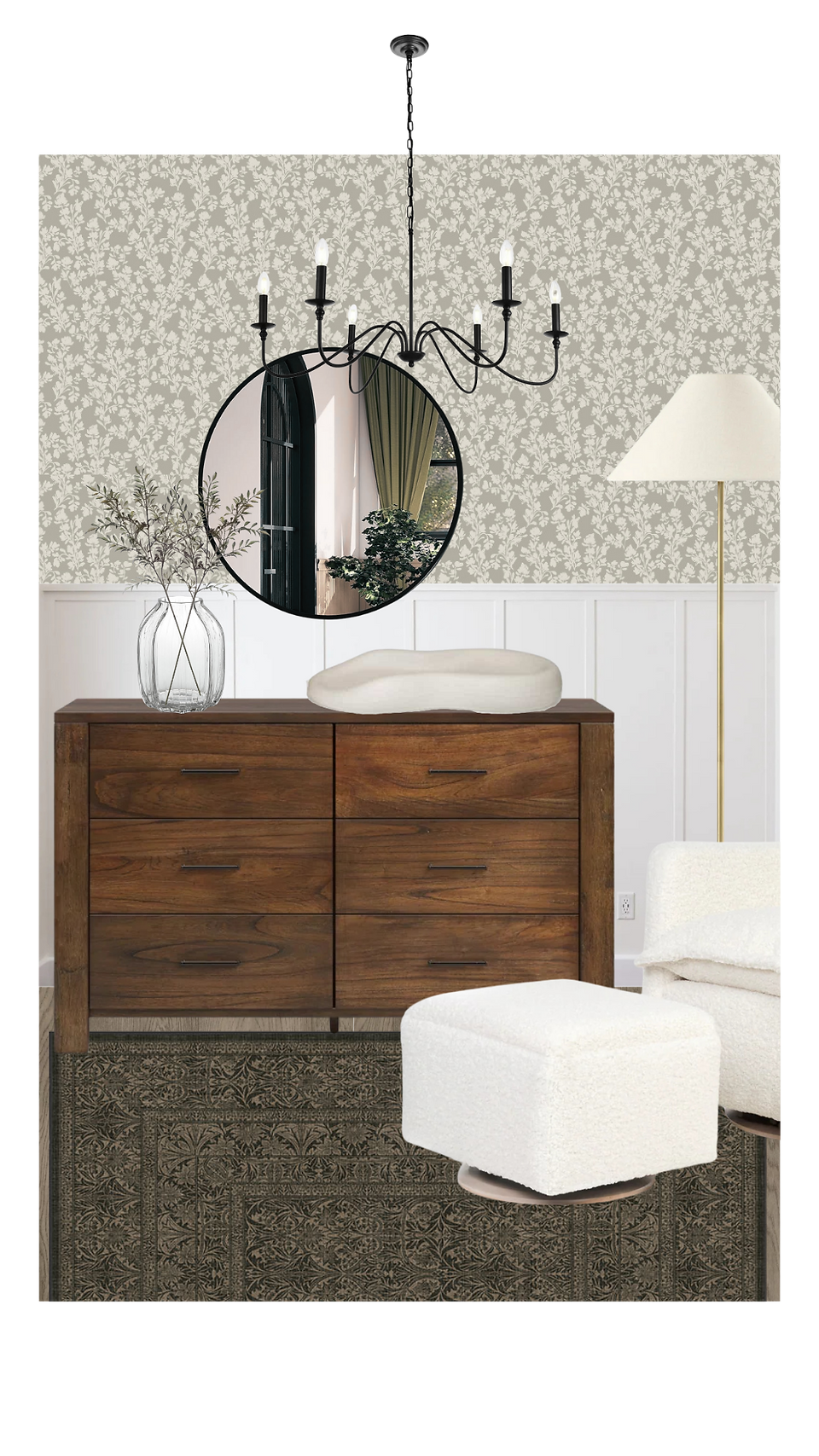 Style 05 - Nursery Curated Interior Style Board, dresser, chic standing lamp, rocking chair, modern home decor