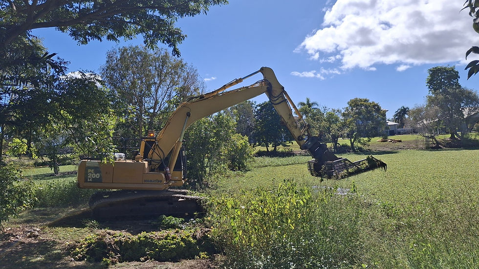 An excavator sits at the edge of a lake covered entirely in weeds. In the bucket is weeds that are being cleared.